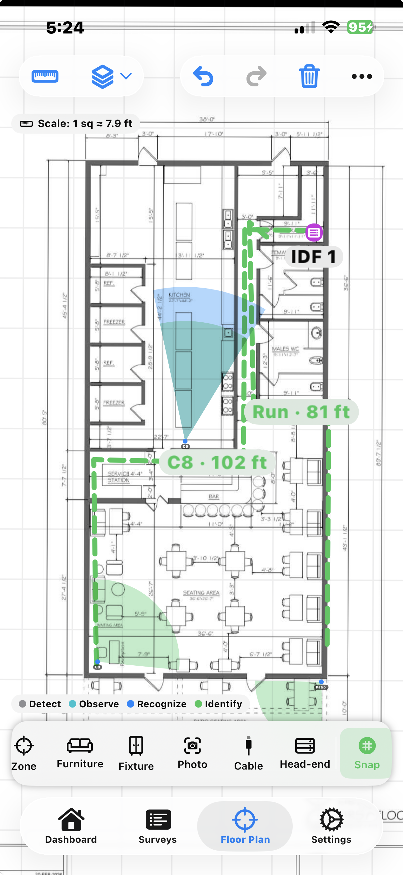 CCTV Survey Pro showing a populated floor plan with camera coverage